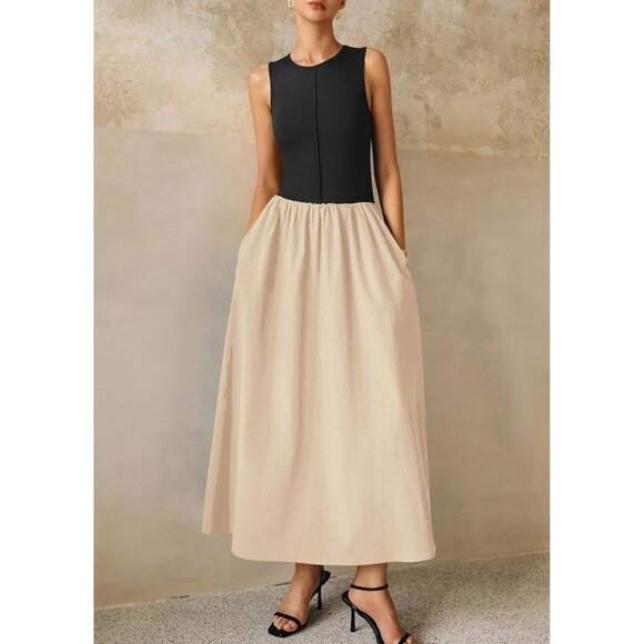 Women's Maxi Dress Summer Casual Patchwork Flowy Sleeveless Vacation - Picture 4 of 8